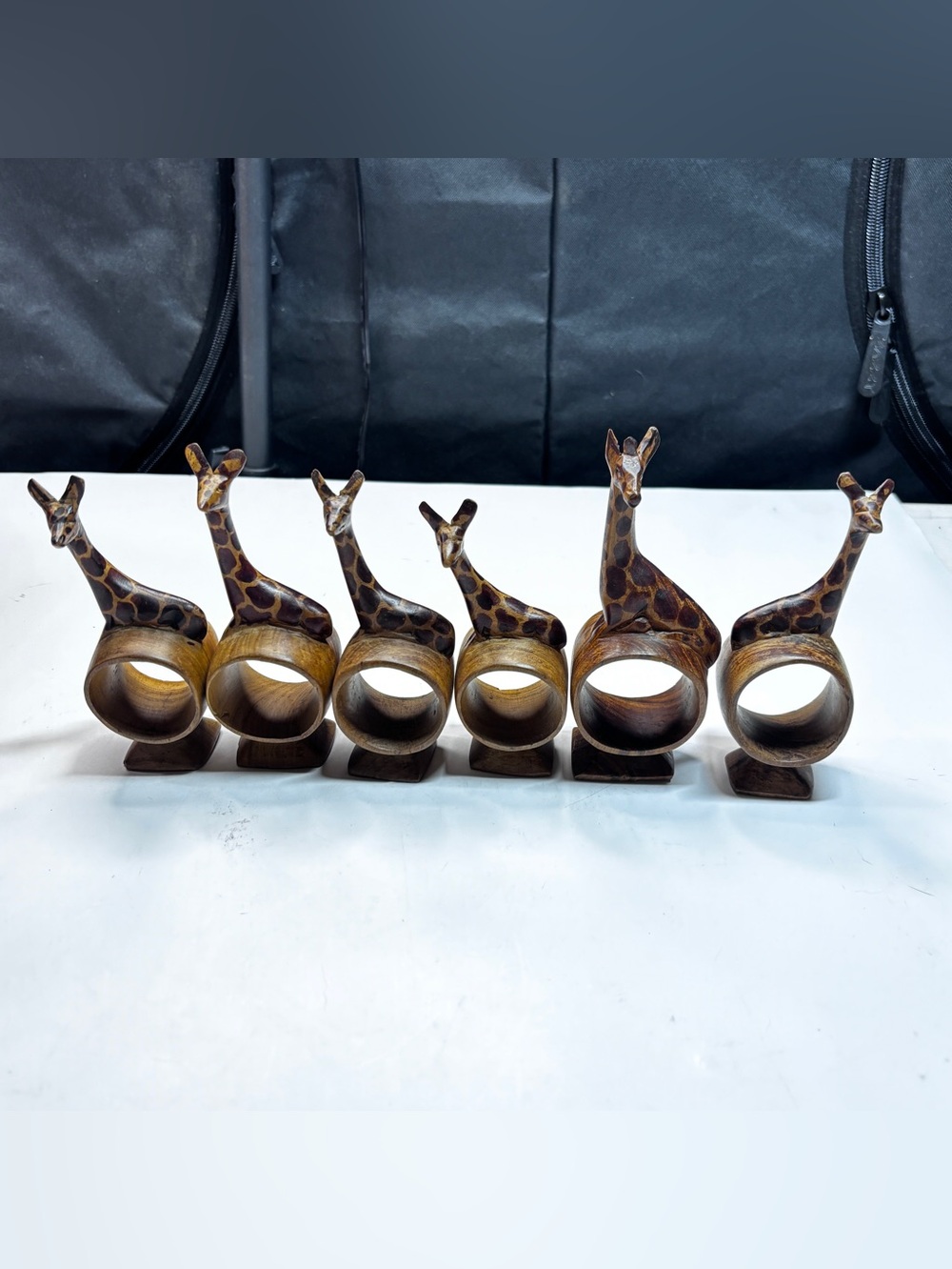 Vtg Hand Carved Wood Giraffe Animal Napkin Rings Holders Lot of 6 Mahogany Kenya